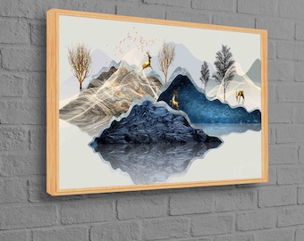 Gold Deer Canvas, Abstract Wall Decor, Forest Poster, Mountain Canvas, Deer Wall Art, Golden Deer Poster, Deers Artwork, Mountain Painting,
