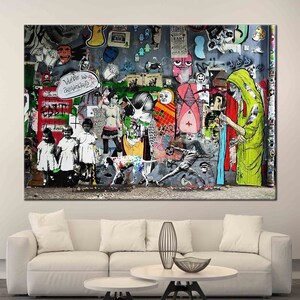 May include: A colorful and abstract wall mural with a variety of figures, animals, and text. The mural is made up of different colors and textures, including red, green, blue, yellow, and black. The mural is a unique and eye-catching piece of art.