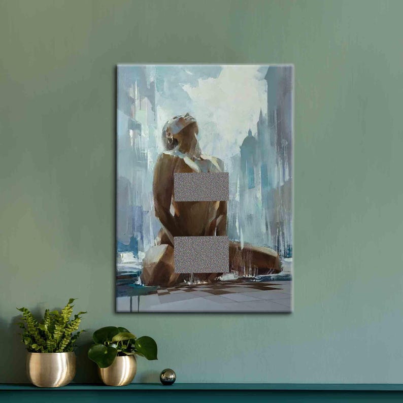 Pode incluir: Uma pintura de uma mulher nua sentada com a cabe&ccedil;a inclinada para tr&aacute;s, olhando para o c&eacute;u. O fundo &eacute; uma cidade desfocada com um esquema de cores azul e branco.