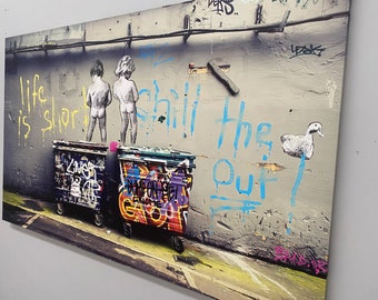 Banksy A vida é curta, tela Banksy, dois meninos Banksy, tela de arte de parede, impressão de arte de rua, pintura de grafite, arte urbana, decoração de parede de grafite,