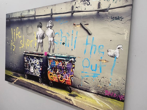 Banksy Life Is Short, Banksy Canvas, Banksy Two Boys, Wall Art Canvas, Street Art Print, Graffiti Painting, Urban Art, Graffiti Wall Decor,