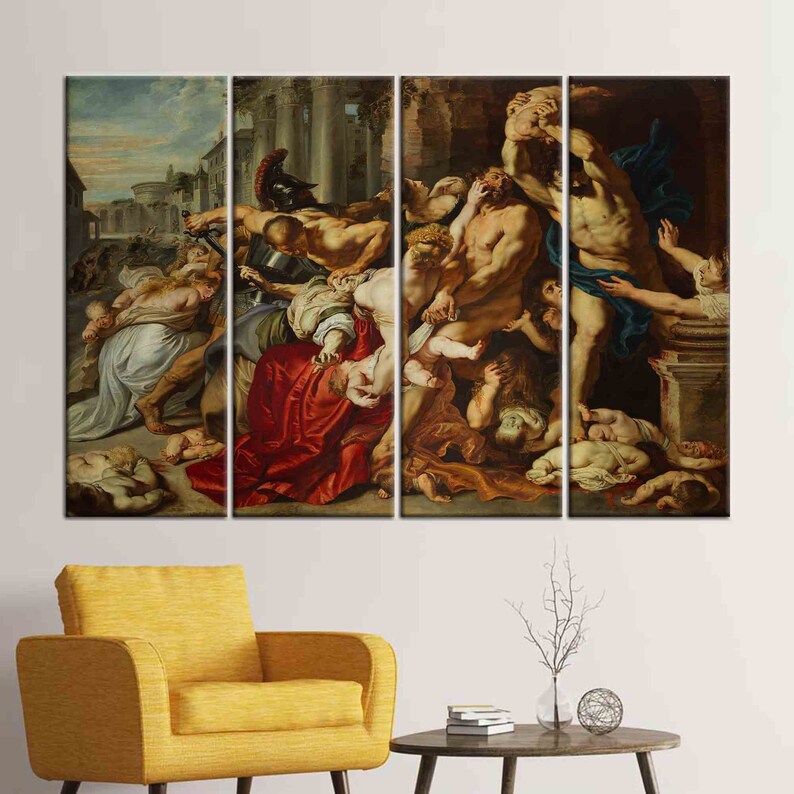 Pode incluir: Uma impress&atilde;o em tela de v&aacute;rios pain&eacute;is que retrata uma cena ca&oacute;tica de um massacre. A pintura apresenta um grupo de pessoas, incluindo homens, mulheres e crian&ccedil;as, em estado de p&acirc;nico e ang&uacute;stia. As figuras s&atilde;o representadas em um estilo realista, com rostos expressivos e poses dram&aacute;ticas. A pintura se passa em um ambiente escuro e sombrio, com uma sensa&ccedil;&atilde;o de urg&ecirc;ncia e viol&ecirc;ncia.