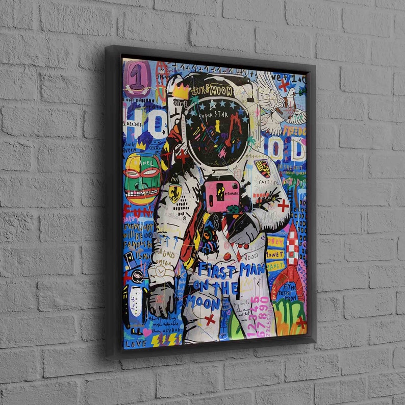 Wall Art, Canvas Decor, 3D Wall Art, Banksy Astronaut, Banksy Poster, Spaceman Canvas Decor, Modern Graffiti Canvas Poster, Black Framed