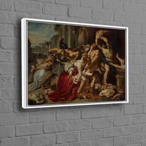 Pode incluir: Uma pintura que retrata uma cena ca&oacute;tica de viol&ecirc;ncia e derramamento de sangue.  A pintura &eacute; dominada por um grupo de figuras, algumas das quais empunham armas, enquanto outras fogem aterrorizadas.  A cena se passa em uma rua da cidade, com edif&iacute;cios e outras estruturas vis&iacute;veis ao fundo.