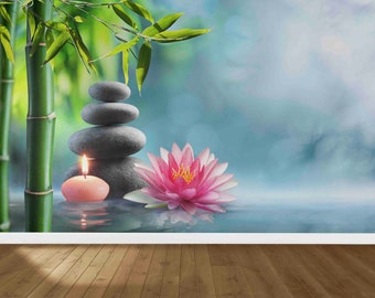 Alternative Therapy Wall Art, Zen Bamboo Spa Wall Mural – Relaxing Stones and Lotus Flower Wallpaper Modern Wall Paper, Wall Mural Wallpaper