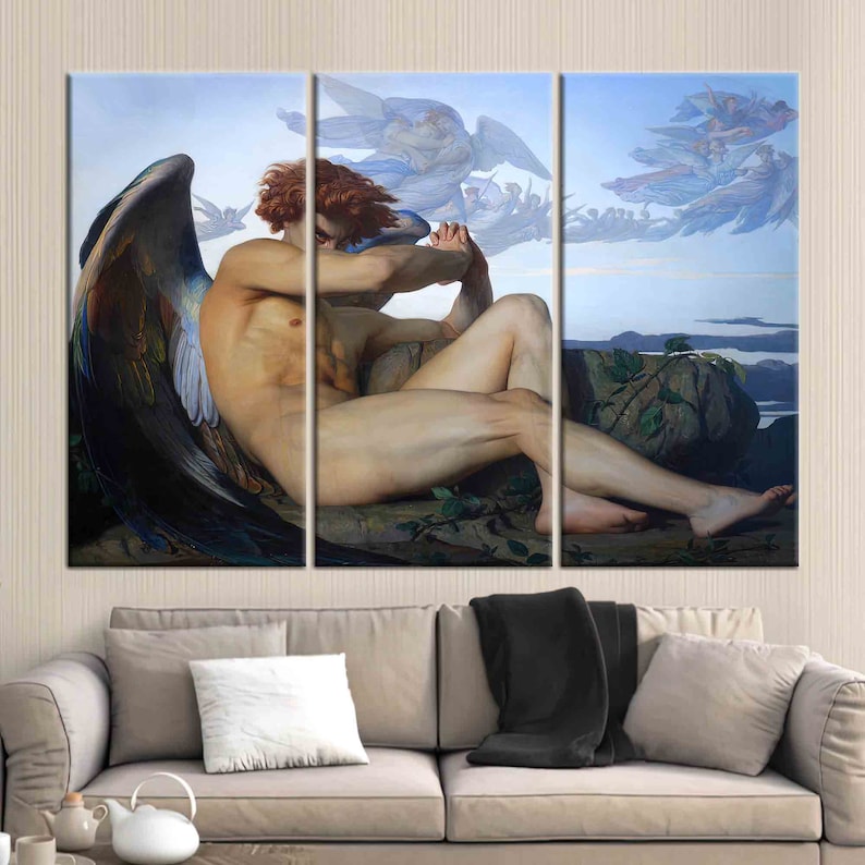 May include: A painting of a fallen angel with large, dark wings. The angel is lying on a rocky outcrop with a sorrowful expression. The background features a cloudy sky with other angels flying in the distance.