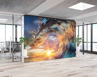 Pittura murale a forma di cresta con luce al tramonto in onda, carta da parati con paesaggio, carta digitale con cresta, stampa murale al tramonto, decorazione murale rimovibile,