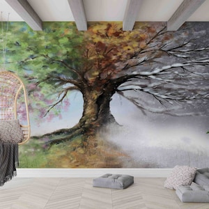 Four Seasons Tree Wall Mural, Seasonal Nature Wallpaper, Artistic Large Tree Wall Art, Spring Summer Fall Winter Mural for Bedroom