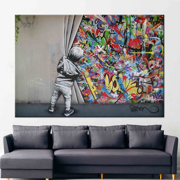 Behind the Curtain Banksy, Martin Watson Artwork, Street Art, Banksy Graffiti Canvas, Graffiti Wall Art Canvas, Banksy Canvas Art,