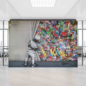 Kid Graffiti Mural, Behind the Curtain Wall Paper, Martin Watson Wall Decor, Banksy Boy Mural, Banksy Graffiti Wall Mural, image 5