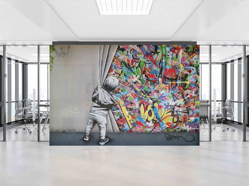 Kid Graffiti Mural, Behind the Curtain Wall Paper, Martin Watson Wall Decor, Banksy Boy Mural, Banksy Graffiti Wall Mural, image 5
