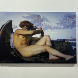 May include: A painting of a fallen angel with large black wings, sitting on a rock with a dramatic sky in the background. The angel is nude and has a sorrowful expression on their face.