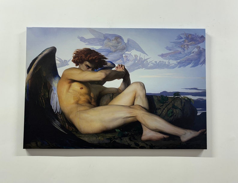 May include: A painting of a fallen angel with large black wings, sitting on a rock with a dramatic sky in the background. The angel is nude and has a sorrowful expression on their face.