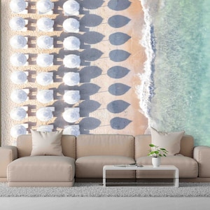Strand mit Regenschirmen Wandbild, Küsten Tapete, See Wanddekor, Papier Wandkunst, Strand Wandbild, Meer Landschaft Tapete, Benutzerdefinierte Tapete,
