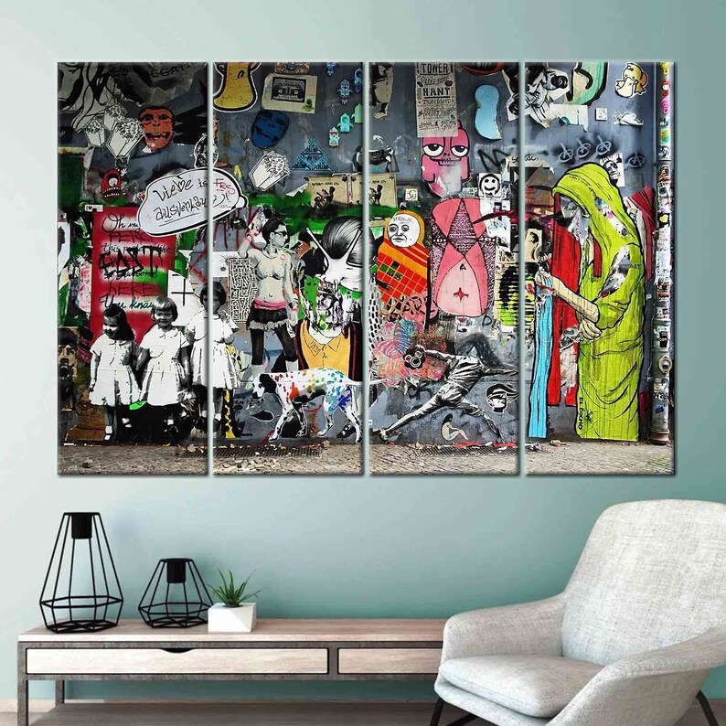 May include: A multi-panel wall art piece featuring a colorful and abstract graffiti mural. The mural is composed of various shapes, figures, and text, including a dog, a person, and the words "We're all crazy".