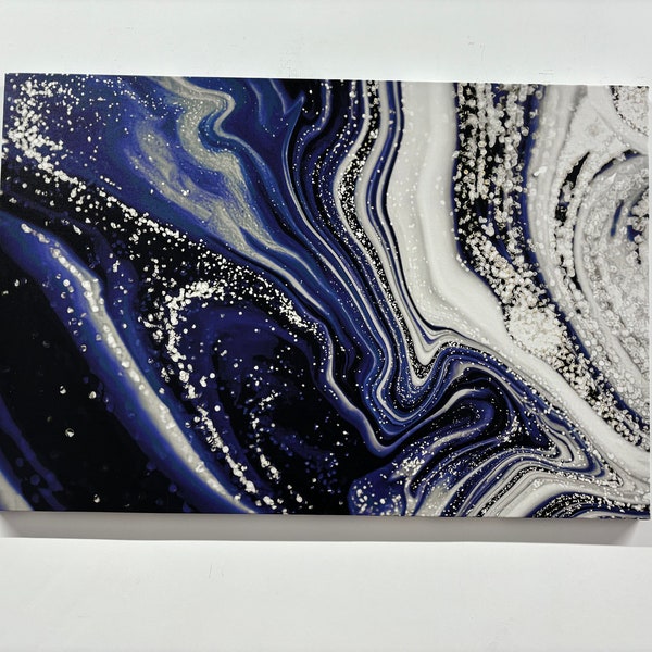Navy Blue Marble, Silver Marble Art Canvas, Modern Art Canvas, Blue Marble Art Canvas, Contemporary Wall Art, Abstract Marble Art Canvas,
