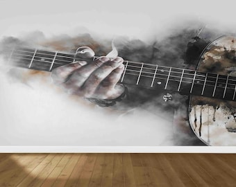May include: A watercolor painting of a person playing an acoustic guitar. The guitar is in focus, and the person's hand is blurred. The background is a white wall.