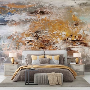 Pintura marrón y gris, decoración de pared en tonos suaves, impresión de pintura al óleo, decoración de pared contemporánea, mural de pared abstracto, arte de pared marrón,
