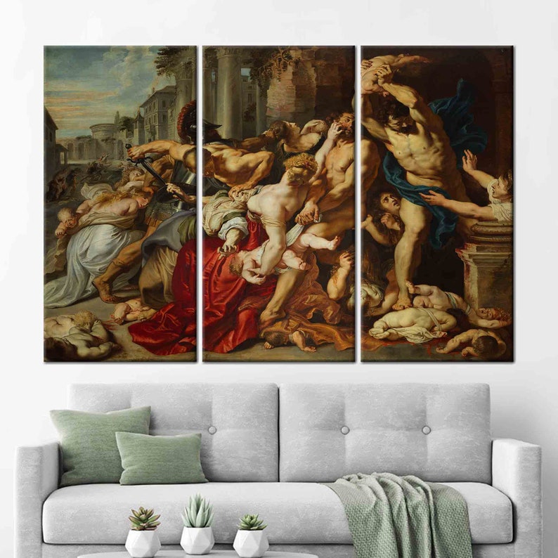 Pode incluir: Uma impress&atilde;o em tela de v&aacute;rios pain&eacute;is que retrata uma cena ca&oacute;tica de um massacre. A pintura apresenta um grupo de pessoas, incluindo homens, mulheres e crian&ccedil;as, em estado de p&acirc;nico e ang&uacute;stia. As figuras s&atilde;o representadas em um estilo realista, com rostos expressivos e poses din&acirc;micas. A cena se passa em uma rua da cidade, com edif&iacute;cios e &aacute;rvores ao fundo. A pintura &eacute; dominada por cores quentes, como vermelho, laranja e amarelo, que criam uma sensa&ccedil;&atilde;o de urg&ecirc;ncia e caos.