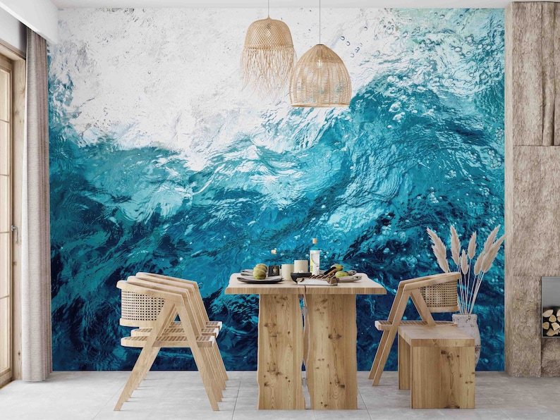 Ocean Water Wall Art, Self Adhesive Paper, 3D Papercraft, Blue Tones Paper Craft, Blue Wall Poster, View Mural, Wallpaper Peel And Stick, image 3