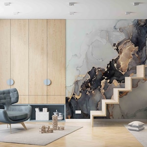 Schwarzer Goldmarmor, Luxusmarmor Wandbild, Goldmarmor Tapete, schwarz-goldene Tapete, Alkohol Tinte Wandmalerei,