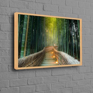 Ver decoración de pared, arte de Kioto, póster de naturaleza, lienzo de arte de paisaje de Kioto, obra de arte forestal, lienzo de bosque de bambú, decoración de pared de bambú,