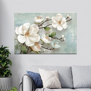 Bloemen canvas muurkunst, magnoliabloem schilderij, modern botanisch muurdecor, elegante bloei canvasprint voor woonkamer en slaapkamer
