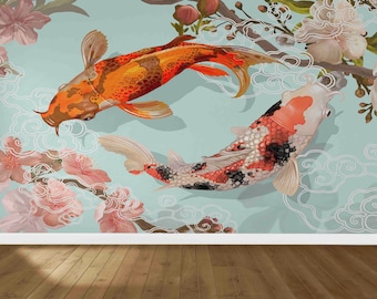 Puede incluir: Dos peces koi coloridos nadan en un fondo azul y blanco con nubes estilizadas y flores de cerezo rosas.