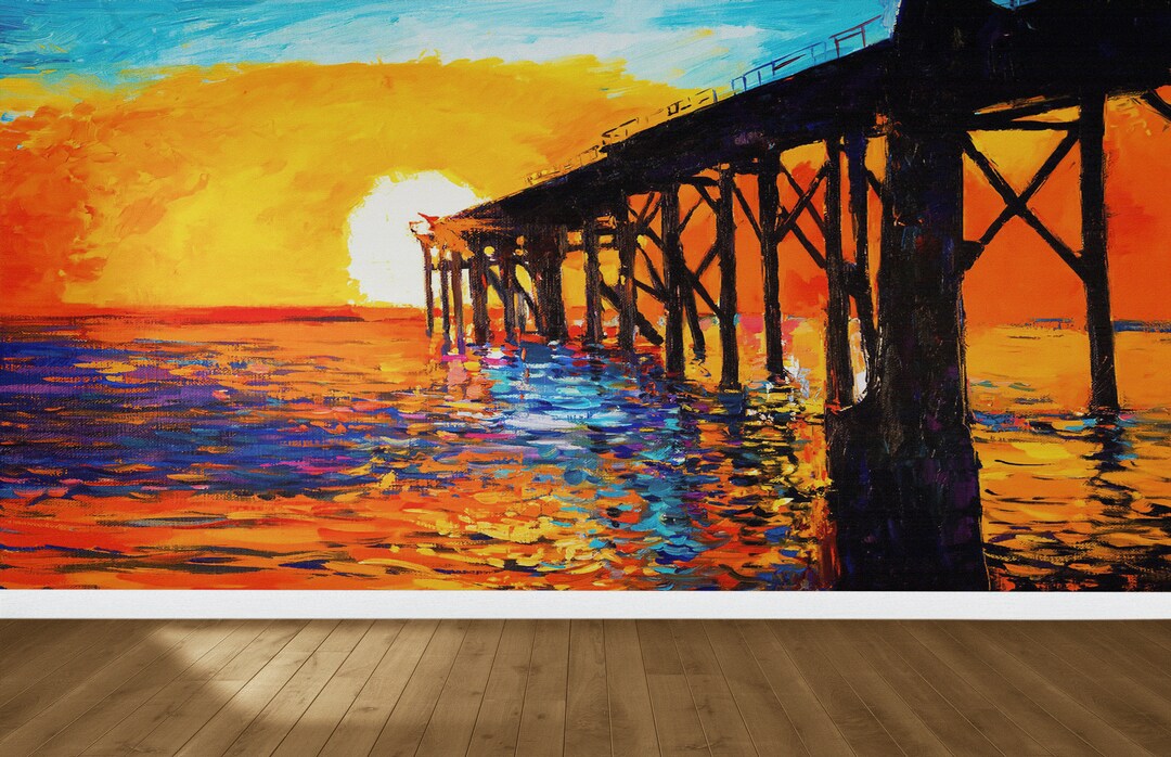 Buy Dock and Sunset Wall Paper, Sunset Wall Decor, Sea Landscape Art