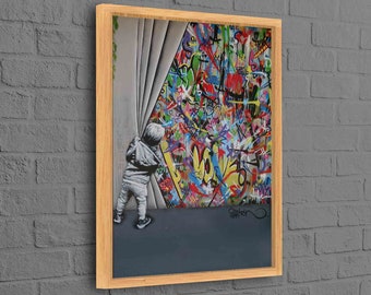Behind the Curtain Wall Art, Banksy Boy Art Canvas, Martin Watson Canvas, Banksy Colorful Graffiti Canvas, Street Canvas,