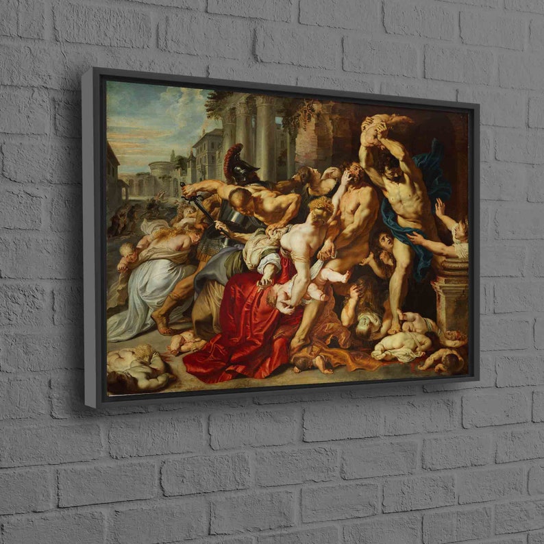 Pode incluir: Uma pintura que retrata uma cena ca&oacute;tica de viol&ecirc;ncia e derramamento de sangue. Um grupo de pessoas est&aacute; lutando e atacando umas &agrave;s outras com espadas e outras armas. H&aacute; muitos corpos no ch&atilde;o, e a cena est&aacute; cheia de sangue e horror.