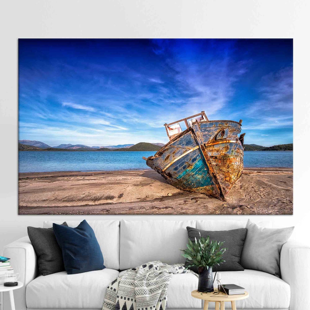Boat Canvas, View Canvas Decor, Old Boat on the Beach Wall Art ...