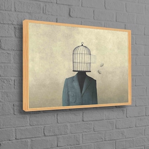 Hombre con jaula de pájaros abierta sobre su cabeza, obra de arte de la libertad, arte abstracto en lienzo, póster surrealista, lienzo moderno, decoración de pared surrealista