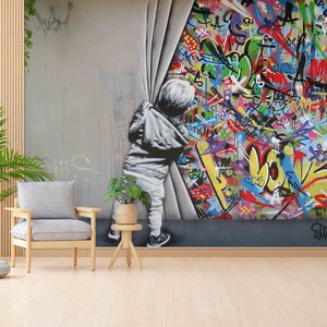 Kid Graffiti Mural, Behind the Curtain Wall Paper, Martin Watson Wall Decor, Banksy Boy Mural, Banksy Graffiti Wall Mural, image 2