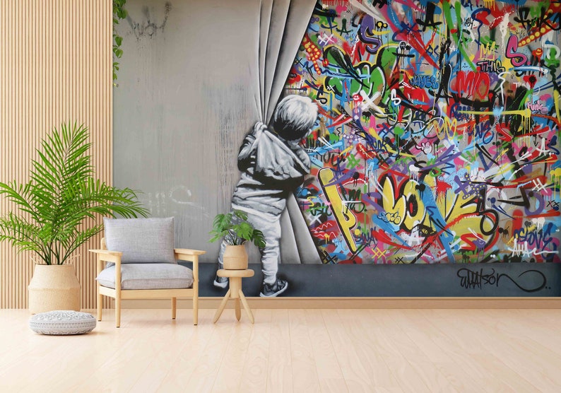 Kid Graffiti Mural, Behind the Curtain Wall Paper, Martin Watson Wall Decor, Banksy Boy Mural, Banksy Graffiti Wall Mural, image 2