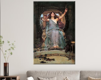 May include: A framed print of a classical painting depicting a woman in a flowing blue gown seated on a throne. She holds a goblet and a wand, with a mirror behind her. The artwork has a vintage aesthetic.