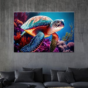 Sea Turtle Poster Canvas, Vibrant Ocean Life Glass Wall Decor, Colorful Marine Framed Wall Art, Underwater Wildlife Canvas,