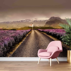Blumige Straßenlandschaftstapete, rosa Blumen Tapete, 3D Wanddekor, Frühlingslandschaftskunst, Naturlandschaftswandbild,