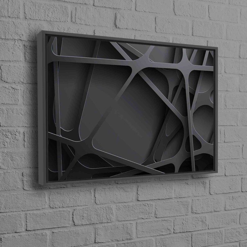 May include: Black and white abstract wall art with a geometric design. The art is framed in a black frame.