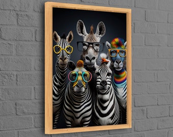 Cute Zebra Canvas Decor, Zebras with Glasses Canvas, Animal Wall Art, Framed Canvas, Funny Wall Decor, Office Wall Decor Art, Abstract Art,
