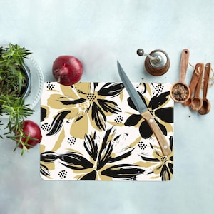 Flower Cutting Board, Botanical Serving Board, Black Cutting Board, Floral Serving Board, Personalized Serving Board, Modern Cutting Board,