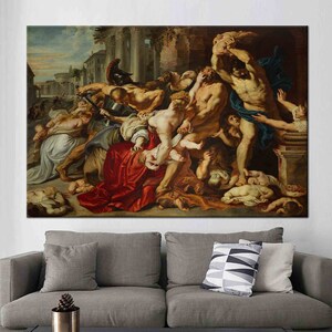 Pode incluir: Uma pintura que retrata uma cena ca&oacute;tica de um massacre. A pintura est&aacute; cheia de figuras, incluindo homens, mulheres e crian&ccedil;as, todos em v&aacute;rios estados de ang&uacute;stia. A cena se passa em uma cidade, com edif&iacute;cios e outras estruturas vis&iacute;veis em segundo plano.
