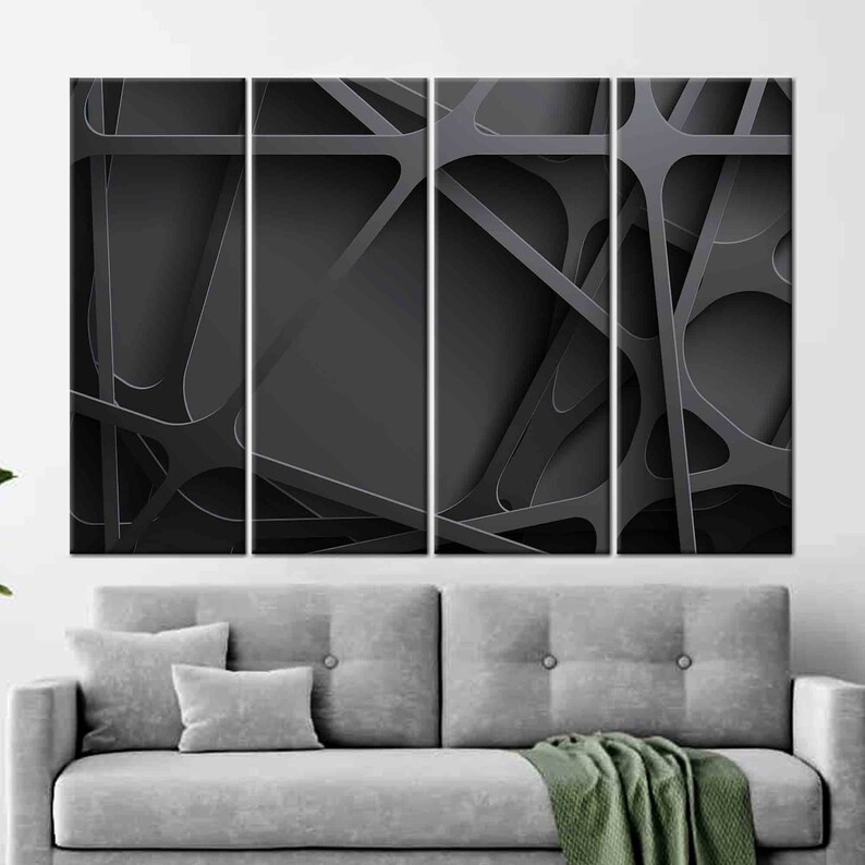 May include: Abstract art print featuring a black and white geometric design with overlapping lines and shapes. The print is divided into four panels.