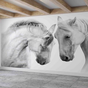 Weißes Pferd Wandkunst, zwei Pferde Wandkunst, Tier Wandmalerei, Pferde Liebhaber Geschenk, moderne Tapete, Dekor für die Wand, selbstklebendes Papier,
