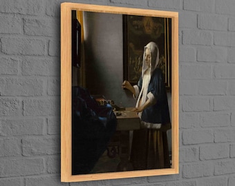 Mujer sosteniendo una balanza, obra clásica, decoración de pared famosa, lienzo de reproducción, impresión de pintura al óleo, lienzo de mujer, obra de arte vintage,