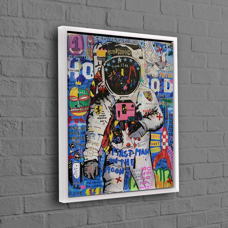 Wall Art, Canvas Decor, 3D Wall Art, Banksy Astronaut, Banksy Poster, Spaceman Canvas Decor, Modern Graffiti Canvas Poster, White Framed