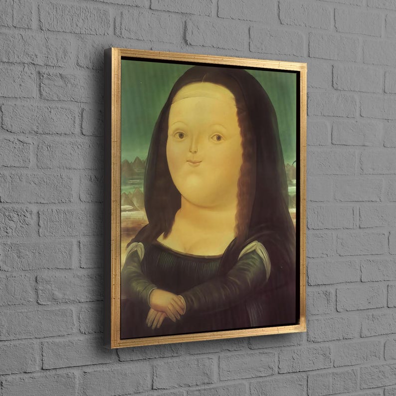 Prezent z płótna Fernando Botero, Mona Lisa autorstwa Fernando Botero na płótnie, Mona Lisa na płótnie, Słynny plakat, Spersonalizowany prezent dla mamy, Gold Framed