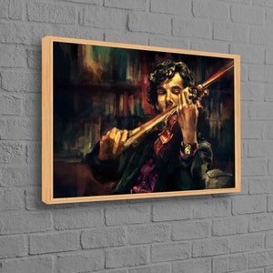 Modern Canvas, Men Violins Printed, Sherlock Holmes Wall Decor, Violin Wall Art, Abstract Printed, Music Room Wall Decor, Gold Frame Canvas,
