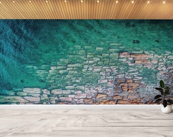 Zeegezicht muurkunst, zee landschap muurschildering, bovenaanzicht oceaan behang, behang op maat gesneden, digitaal papier bekijken, papier jubileum,