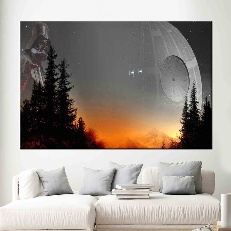 May include: A digital art print featuring Darth Vader from Star Wars standing in front of a forest with the Death Star in the background. The sky is a gradient of orange, yellow, and gray.